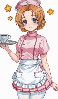 1girl aadka5 alternate_costume apron black_bow blue_eyes blush bow braid breasts commentary cowboy_shot cup dress english_commentary frilled_apron frills girls_und_panzer hair_bow hat high_collar highres holding holding_cup holding_tray long_hair long_sleeves looking_at_viewer mixed-language_commentary nurse nurse_cap orange_hair orange_pekoe_(girls_und_panzer) pantyhose pink_dress pink_hat pleated_dress saucer short_dress short_sleeves simple_background small_breasts smile solo standing teacup tray twin_braids waist_apron white_apron white_background white_pantyhose