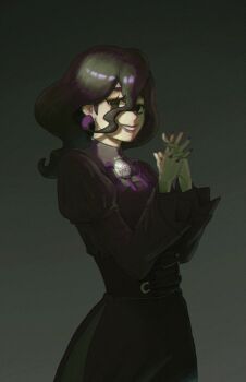 1girl azurilla_rust black_dress black_eyes black_hair black_nails commentary dress earrings eyelashes grey_background grin hair_between_eyes hands_up hex_maniac_(pokemon) highres jewelry lipstick long_hair long_sleeves looking_at_viewer looking_to_the_side makeup nail_polish nintendo pokemon pokemon_legends:_z-a smile solo teeth