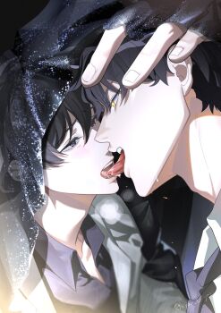2boys black_eyes black_hair black_necktie black_shirt breath coat collared_shirt drooling french_kiss hand_on_another&#039;s_head highres kim_dokja kiss kyou_tayaoi looking_at_another male_focus multiple_boys necktie omniscient_reader&#039;s_viewpoint open_clothes open_coat saliva saliva_trail secretive_plotter shirt short_hair starry_sky_print tongue tongue_out upper_body veil white_coat white_shirt yaoi yellow_eyes yoo_joonghyuk