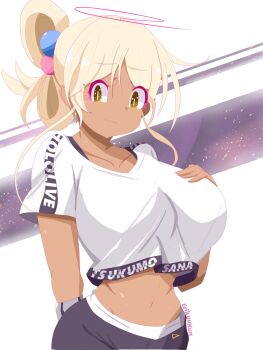 1girl alternate_hairstyle black_pants blonde_hair breasts character_name closed_mouth clothes_writing dark-skinned_female dark_skin erikuukun hand_on_own_chest highres hololive hololive_dance_practice_uniform hololive_english large_breasts looking_at_viewer medium_hair navel official_alternate_costume pants shirt tsukumo_sana virtual_youtuber white_shirt yellow_eyes