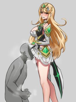 1boy 1girl angry blonde_hair blush breasts cleavage condylonucla grey_background headpiece highres large_breasts legs masturbation mythra_(xenoblade) sweat tiara upskirt xenoblade_chronicles_(series) yellow_eyes
