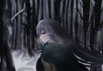 1girl cloak closed_mouth commentary_request elf emilia_(re:zero) flower forest green_cloak grey_hair hair_ornament hair_ribbon highres long_hair nature pointy_ears purple_eyes re:zero_kara_hajimeru_isekai_seikatsu ribbon shirohana239 snow snow_on_tree snowflake_background snowflakes snowing solo white_flower winter