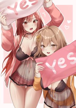 2girls absurdres ahoge alternate_costume anis_(nikke) arms_up babydoll black_babydoll black_bra black_choker blush bra breasts brown_eyes choker cleavage commentary_request goddess_of_victory:_nikke highres holding holding_pillow jacket large_breasts long_hair looking_at_viewer multiple_girls navel nigi_(ngmnoym) open_clothes open_jacket open_mouth orange_jacket orange_shorts pillow pink_jacket pink_shorts rapi_(nikke) rapi_(red_hood)_(nikke) red_eyes red_hair see-through_clothes short_hair shorts smile thighs underwear yes-no_pillow