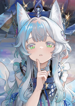 1girl absurdres animal_ears arknights cat_ears cat_girl commentary_request dress green_eyes highres long_hair looking_at_viewer official_alternate_costume parted_lips rosmontis_(an_airy_dream)_(arknights) rosmontis_(arknights) solo straight-on thick_eyelashes welt_(kinsei_koutenkyoku)