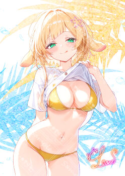 1girl :q absurdres animal_ears aqua_eyes arm_behind_back bikini blonde_hair breasts cleavage closed_mouth clothes_lift commentary_request cowboy_shot floppy_ears gluteal_fold hair_ornament hand_up highres jewelry large_breasts leone_(kamina0205) lifting_own_clothes looking_at_viewer navel necklace obnoxious_watermark original sample_watermark shirt shirt_lift short_hair_with_long_locks short_sleeves smile solo stomach swimsuit tongue tongue_out too_many_watermarks watermark watermark_grid white_shirt yellow_bikini