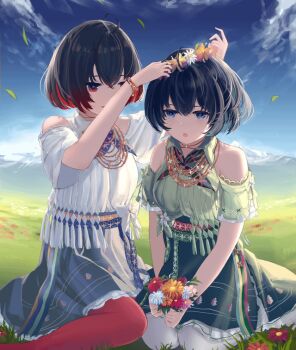 Rule 34 | 2girls, ahoge, artist request, bad bilibili id, bad id, bare shoulders, blue eyes, blue hair, dual persona, estonian clothes, flower, grass, holding, holding flower, honkai (series), honkai impact 3rd, mountainous horizon, multiple girls, open mouth, outdoors, pantyhose, red eyes, red flower, red hair, red pantyhose, seele (alter ego), seele vollerei, seele vollerei (estonia in spring), seele vollerei (stygian nymph), white flower, white pantyhose, yellow flower