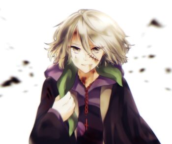 Rule 34 | 1boy, agatha flattz, bandana, cross, cross necklace, grey eyes, grey hair, higyaku no noel, hood, hoodie, jewelry, male focus, nanoko, necklace, purple hoodie, scar, scar on face, smile, upper body