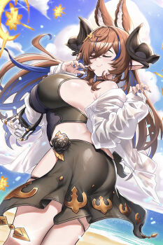 1girl animal_ears ass beach black_one-piece_swimsuit black_sarong blue_hair blush breasts brown_hair burnt_green_tea closed_eyes closed_mouth commentary cowboy_shot english_commentary extra_ears from_behind galleon_(granblue_fantasy) granblue_fantasy highres jacket large_breasts long_hair multicolored_hair ocean one-piece_swimsuit open_clothes open_jacket pointy_ears sand sarong smile solo streaked_hair swimsuit two-tone_hair water white_jacket
