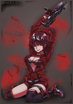Rule 34 | 1girl, absurdres, arms up, artist name, asymmetrical clothes, belt, black bra, black thighhighs, boots, bra, breasts, brown hair, buckle, cc2137, character name, cleavage, commentary, fb glauberyt, full body, girls' frontline, gloves, goggles, goggles on head, grey background, gun, high heel boots, high heels, highres, holding, holding gun, holding weapon, jumpsuit, knee boots, long sleeves, looking at viewer, medium breasts, open clothes, open jumpsuit, pm-06 (girls' frontline), red eyes, red gloves, red jumpsuit, short hair, short jumpsuit, single knee boot, single thigh boot, sitting, smile, snap-fit buckle, solo, stretching, submachine gun, thigh boots, thigh strap, thighhighs, trigger discipline, underwear, untranslatable commentary, wariza, weapon