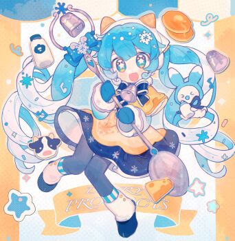 1girl :3 :d bell black_pantyhose blue_boots blue_bow blue_bowtie blue_eyes blue_hair blue_mittens blue_skirt blunt_bangs blush_stickers boots bottle bow bowtie capelet cheese commentary cowbell dot_nose double-parted_bangs fanqiealxe food full_body hatsune_miku highres holding holding_spoon long_hair long_sleeves looking_at_viewer mittens multicolored_hair neck_bell open_mouth oversized_object pancake pantyhose rabbit rabbit_yukine skirt smile spoon star-shaped_pupils star_(symbol) symbol-only_commentary symbol-shaped_pupils twintails two-tone_hair vocaloid white_hair yellow_capelet yuki_miku yuki_miku_(2024)_(candidate_no.4)