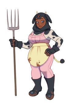 1girl absurdres animal_ears animal_print apron black_boots black_gloves black_hijab blue_eyes boots breasts brown_hair cow_ears cow_girl cow_horns cow_print cow_tail dark-skinned_female dark_skin full_body gen_2_pokemon gloves hand_on_own_hip highres hijab holding holding_pitchfork horns itslyssalala large_breasts long_sleeves looking_at_viewer miltank mud nintendo overalls personification pink_overalls pitchfork pokemon shirt simple_background smile solo stained_clothes standing tail waist_apron white_background white_shirt yellow_apron