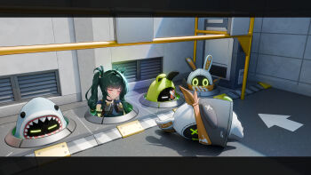 1girl absurdres android bangboo_(zenless_zone_zero) black_choker blush braid character_request choker closed_eyes closed_mouth green_hair guisin_(chibi_ghost) hair_ornament highres letterboxed long_hair qingyi_(zenless_zone_zero) recharging smile solo sphere_hair_ornament twin_braids twintails upper_body zenless_zone_zero