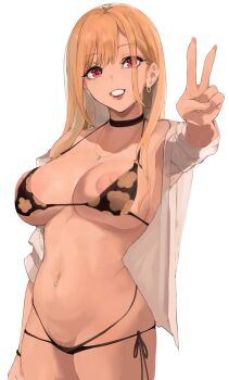 1girl barbell_piercing bikini bikini_under_clothes black_bikini black_choker blonde_hair blush breasts choker cleavage colored_tips ear_piercing earrings fake_nails female_focus floral_print gradient_hair grin gyaru highres industrial_piercing jewelry kitagawa_marin large_breasts long_hair looking_at_viewer mamimi_(mamamimi) multi-strapped_bikini_bottom multicolored_hair nail_polish navel navel_piercing nipple_slip nipples open_clothes open_shirt piercing pink_nails print_bikini red_eyes red_hair shirt side-tie_bikini_bottom smile solo sono_bisque_doll_wa_koi_wo_suru standing stray_pubic_hair swept_bangs swimsuit teeth v white_shirt