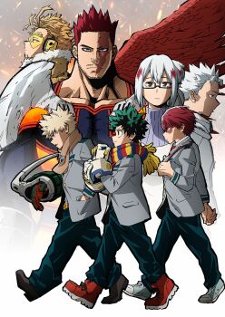 1girl 6+boys :| arm_at_side bakugou_katsuki beard_stubble belt black-framed_eyewear black_outline blazer blonde_hair blue_eyes blue_pants bodysuit boku_no_hero_academia bright_pupils brother_and_sister burn_scar buttoned_cuffs buttons cel_shading clenched_hand closed_mouth collarbone collared_shirt cropped_torso double-parted_bangs double_horizontal_stripe embers endeavor_(boku_no_hero_academia) eyes_visible_through_eyewear facial_hair facial_mark fading family father_and_daughter father_and_son feathered_wings floating_hair forked_eyebrows freckles fringe_trim from_side fur-trimmed_jacket fur_trim glasses gloves green_eyes green_hair grey_jacket grey_pupils hair_between_eyes hair_slicked_back hand_in_pocket hands_up hawks_(boku_no_hero_academia) head_back head_down headphones highres jacket key_visual lapels long_sleeves looking_ahead looking_at_viewer mature_male messy_hair midoriya_izuku mismatched_eyebrows multicolored_hair multicolored_scarf multiple_boys muscular muscular_male mustache_stubble necktie notched_lapels official_art orange_scarf outline pants parted_lips ponytail profile promotional_art purple_sweater rectangular_eyewear red_eyes red_footwear red_hair red_necktie red_wings ribbed_sweater sanpaku scar scar_across_eye scar_on_face scar_on_mouth scarf school_uniform semi-rimless_eyewear shirt shoes short_hair short_ponytail siblings sidelocks slouching smile sneakers spiked_hair spoilers streaked_hair striped_clothes striped_scarf stubble sweater textless_version third-party_source tinted_eyewear todoroki_fuyumi todoroki_natsuo todoroki_shoto triangle turtleneck turtleneck_sweater two-tone_gloves two-tone_hair u.a._school_uniform umakoshi_yoshihiko under-rim_eyewear upper_body vertical-striped_clothes vertical-striped_scarf walking white_gloves white_hair white_shirt wings yellow-tinted_eyewear yellow_eyes yellow_jacket zipper_pull_tab