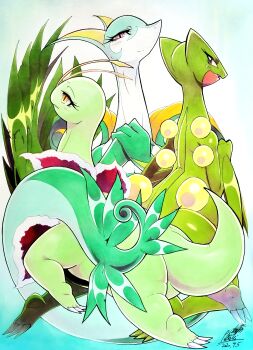 025aki absurdres blush dated furry gen_2_pokemon gen_3_pokemon gen_5_pokemon grey_eyes highres meganium nintendo no_humans pokemon pokemon_(creature) sceptile serperior standing tail traditional_media yellow_eyes