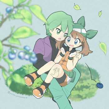 1boy 1girl artist_name bandana berry_(pokemon) black_shirt blue_eyes blush brown_hair carrying carrying_person dress drew_(pokemon) falling fanny_pack gloves grass green_bandana green_eyes green_hair green_pants highres holding jacket leaf looking_at_another may_(pokemon) medium_hair nature nintendo open_mouth oran_berry orange_dress orange_shirt pants pokemon pokemon_(anime) purple_jacket shirt simple_background surprised tree white_gloves xrqu2xk8qb47501