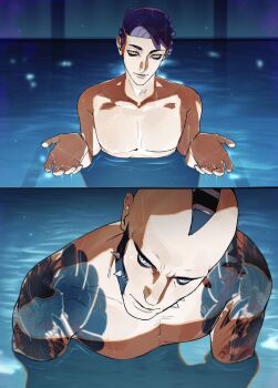 2boys arm_tattoo closed_mouth corbeau_(pokemon) highres i&#039;ll_teach_you_everything_(chainsaw_man) implied_nudity looking_at_another male_focus movie_reference multiple_boys nintendo philippe_(pokemon) pokemon pokemon_legends:_z-a pool purple_hair scene_reference short_hair shoulder_tattoo shu0718 sideburns skinny_dipping smile tattoo undercut water wet wet_hair white_eyes yaoi yellow_eyes