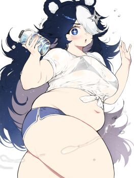 1girl absurdres aglaya_corl animal_ears bear_ears belly bikini bikini_top_only bikini_under_clothes black_bikini blue_eyes blue_hair blue_shorts blush bottle breasts commission crop_top from_side hair_over_one_eye highres large_breasts lips long_hair multicolored_hair navel one_eye_covered open_mouth original plastic_bottle plump see-through_clothes see-through_shirt shirt short_shorts shorts shuriken_hair_ornament solo sparkling_eyes spilling standing starry_hair swimsuit t-shirt thick_thighs thighs tied_shirt two-tone_hair very_long_hair water_bottle wet wet_clothes wet_shirt white_background white_hair white_shirt