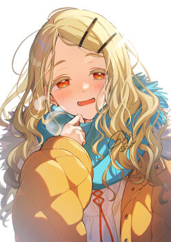 Rule 34 | 1girl, adjusting scarf, blonde hair, blush, breath, camisole, coat, colored eyelashes, commentary request, earrings, fur-trimmed coat, fur trim, gakuen idolmaster, hair ornament, hairclip, hand up, highres, idolmaster, jewelry, long hair, looking at viewer, open clothes, open coat, open mouth, orange eyes, parallel hairclips, parted bangs, red ribbon, ribbon, scarf, shinishi chiho, shinosawa hiro, signature, simple background, solo, stud earrings, upper body, wavy hair, white background, white camisole, winter clothes, winter coat, yellow coat