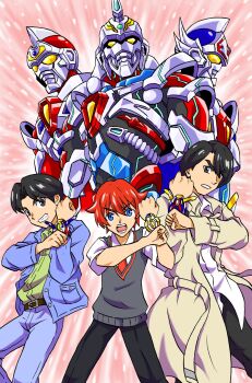 Rule 34 | 3boys, acceptor, armor, black hair, blue eyes, clenched hands, coat, denkou choujin gridman, denkou choujin gridman: boys invent great hero, glasses, gridman (character), gridman (denkou choujin), gridman (ssss), gridman sigma, gridman universe, happy anniversary, hibiki yuuta, highres, jacket, looking at viewer, multiple boys, necktie, open clothes, open coat, orange eyes, pants, red hair, road-579, school uniform, shirt, short hair, shou naoto, shoulder armor, smile, ssss.gridman, sweater, tokusatsu, toudou takeshi, upper body, white shirt, yellow eyes