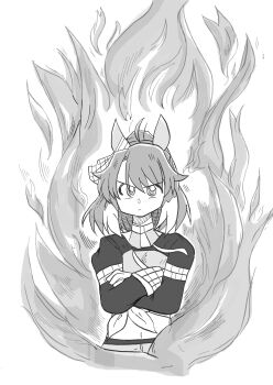 1girl absurdres ahoge animal_ears bow breasts checkered_ribbon closed_mouth crossed_arms dantsu_flame_(center_spotlight)_(umamusume) dantsu_flame_(umamusume) ear_covers ear_ornament ear_ribbon fire greyscale hair_between_eyes highres horse_ears horse_girl leggings_under_shorts looking_at_viewer midriff monochrome multicolored_hair navel shikararemimi shirt shrug_(clothing) solo tied_shirt umamusume