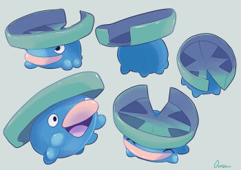 absurdres black_eyes closed_mouth commentary_request full_body gen_3_pokemon grey_background highres lotad nintendo no_humans open_mouth ouran pokemon pokemon_(creature) signature simple_background