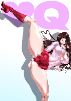 Rule 34 | 1girl, absurdres, boots, breasts, brown hair, cleavage, high heel boots, high heels, highres, large breasts, leg lift, leg up, long hair, open clothes, purple eyes, red shorts, shadow, shirt, short shorts, shorts, solo, spread legs, tagme, thighs, yuri ai, zipper