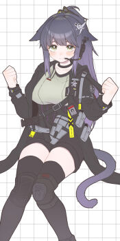 1girl absurdres arknights black_choker black_jacket black_shorts black_thighhighs blush breasts choker clenched_hands closed_mouth collarbone commentary_request feet_out_of_frame green_eyes grey_shirt grid_background hair_ornament hands_up high-waist_shorts highres hiruandon222 jacket jessica_(arknights) jessica_the_liberated_(arknights) knees_together_feet_apart long_hair long_sleeves medium_breasts microphone open_clothes open_jacket purple_hair purple_tail shirt shorts smile solo t-shirt tail thighhighs white_background