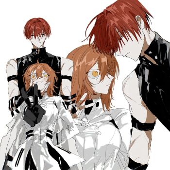 1boy 1girl arm_strap black_gloves blue_kkk_cba closed_mouth fate/grand_order fate_(series) fujimaru_ritsuka_(female) fujimaru_ritsuka_(female)_(decisive_battle_chaldea_uniform) gloves harada_sanosuke_(fate) highres light_frown long_sleeves multiple_views orange_eyes orange_hair red_hair scar simple_background sketch skirt sleeveless squeezing_testicles testicles upper_body v white_background