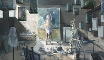 1girl arm_up black_pantyhose blonde_hair commentary_request dated dress easel facing_away from_behind hat highres indoors isekaijoucho kaminari_kzy kamitsubaki_studio on_stool painting_(action) painting_(object) pantyhose plant signature solo standing table virtual_youtuber white_dress white_hat wide_shot