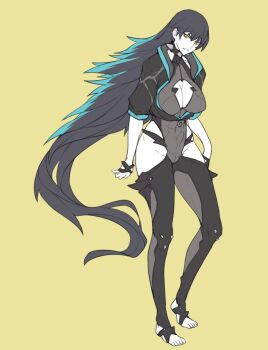 1girl abs ban!_(bansankan) barefoot breasts cleavage cleavage_cutout clenched_teeth clothing_cutout collar colored_skin commentary_request female_focus full_body genderswap genderswap_(mtf) glaring godzilla godzilla_(2014) godzilla_(monsterverse) godzilla_(series) highres jacket kaiju large_breasts legendary_pictures leotard long_hair looking_at_viewer monsterverse navel personification solo spiked_collar spiked_hair spikes standing teeth thighhighs toeless_legwear toes toho unzipped very_long_hair white_skin yellow_background yellow_eyes