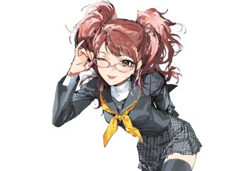 Rule 34 | 1girl, adjusting eyewear, black serafuku, black shirt, black thighhighs, blush, brown eyes, brown hair, glasses, highres, kujikawa rise, long hair, looking at viewer, one eye closed, persona, persona 4, rostinbitgru, school uniform, serafuku, shirt, smile, solo, thighhighs, tongue, tongue out, twintails, yasogami school uniform