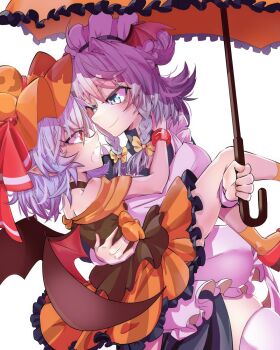 Rule 34 | 2girls, ankle socks, apron, bat wings, blue eyes, blue hair, blush, bow, bracelet, braid, breasts, carrying, choker, commentary, dress, english commentary, eye contact, fangs, frills, grey hair, halloween, halloween costume, hat, hat ribbon, headdress, highres, holding, holding umbrella, izayoi sakuya, jewelry, looking at another, maid, maid apron, maid headdress, multiple girls, off-shoulder dress, off shoulder, open mouth, orange bow, orange dress, orange hat, pointy ears, princess carry, red eyes, red ribbon, remilia scarlet, ribbon, smile, socks, the land druid, thighhighs, thighs, touhou, twin braids, umbrella, vampire, white background, white thighhighs, wings, yellow bow