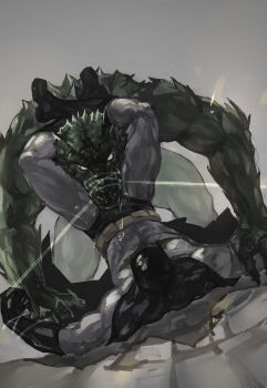 2boys bat_(symbol) batman batman_(series) bodysuit bruce_wayne cape dc_comics fighting gauntlets killer_croc male_focus mask monster_boy multiple_boys rope