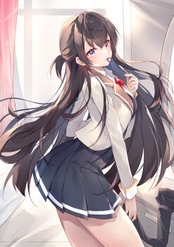 1girl absurdres black_skirt blush bow bowtie brown_hair closed_mouth collared_shirt commentary cowboy_shot day floating_hair from_side grey_eyes grey_jacket hair_between_eyes hair_tie_in_mouth half_updo hand_up high-waist_skirt highres indoors jacket kyou_shuka long_hair long_sleeves looking_at_viewer mouth_hold pleated_skirt ponytail red_bow red_bowtie school_uniform seiren_academy_school_uniform shirt short_ponytail skirt smile solo sunlight suou_yuki tokidoki_bosotto_roshia-go_de_dereru_tonari_no_alya-san very_long_hair white_shirt window