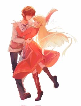 1boy 1girl black_pants blunt_bangs blunt_ends boots brown_boots closed_eyes couple dancing dress full_body hair_ribbon hand_on_another&#039;s_waist hetero highres holding_hands link long_dress long_hair nintendo open_mouth pants parted_lips pink_dress pointy_ears princess_zelda ribbon shirt short_hair sidelocks signature smile straight_hair swept_bangs the_legend_of_zelda the_legend_of_zelda:_skyward_sword tica_tiforzelda white_background white_shirt