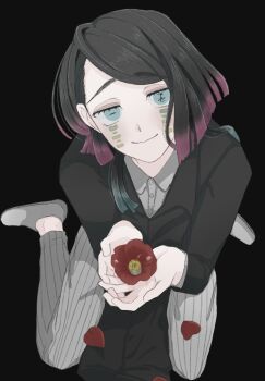 1boy asymmetrical_bangs black_background black_hair black_jacket blue_eyes buttons closed_mouth colored_tips commentary_request demon_boy enmu_(kimetsu_no_yaiba) facial_mark flower from_above full_body grey_pants hands_up highres holding holding_flower invisible_floor jacket kimetsu_no_yaiba long_sleeves looking_at_viewer male_focus medium_hair multicolored_hair no_socks own_hands_together pants petals pinstripe_pants pinstripe_pattern raised_eyebrows red_flower red_petals shoes simple_background sitting smile solo suit_jacket symbol-shaped_pupils tears_facial_mark tororo_kombu trap undershirt wariza white_shoes