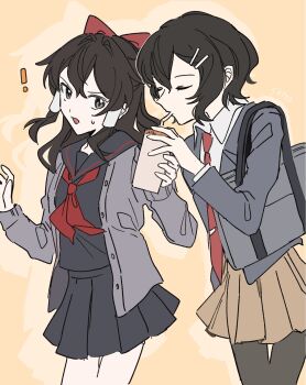 ! 2girls alternate_costume bag black_sailor_collar black_shirt black_skirt bow brown_eyes brown_hair cardigan closed_eyes commentary_request contemporary drinking drinking_straw drinking_straw_in_mouth grey_cardigan grey_jacket hair_bow hair_tubes hakurei_reimu highres indirect_kiss jacket long_hair long_sleeves multiple_girls neckerchief necktie open_cardigan open_clothes open_jacket open_mouth orange_background orange_skirt pleated_skirt red_bow red_neckerchief red_necktie sailor_collar school_bag school_uniform shameimaru_aya shirt shoulder_bag skirt smile sweatdrop touhou uehara_suiyo yuri