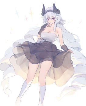 1girl asicah bandaged_leg bandages bare_shoulders black_gloves black_skirt breasts chest_sarashi cleavage closed_mouth commentary cuddling dioreta_(asicah) feet_out_of_frame fingerless_gloves gloves grey_hair hairband highres horns large_breasts long_hair original pink_eyes sarashi simple_background skirt skirt_hold solo sparkle split_mouth symbol-only_commentary topless_female very_long_hair white_background