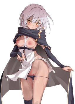 1girl absurdres black_bridal_gauntlets black_cape black_panties black_socks blush breasts bridal_gauntlets cape clothing_aside dark-skinned_female dark_elf dark_skin elf feet_out_of_frame grey_hair hair_between_eyes highres kneehighs looking_at_viewer medium_hair nipples orange_eyes original panties panty_pull pointy_ears pussy pussy_juice simple_background single_kneehigh single_sock small_breasts socks solo sweat toshizou_(0714) underwear white_background