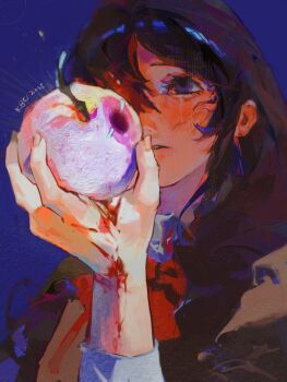 1girl absurdres akemi_homura apple black_hair blood blood_on_hands blue_background bow chinese_commentary commentary_request crying crying_with_eyes_open dated faux_traditional_media food from_below fruit hairband hand_up highres holding holding_food holding_fruit juliet_sleeves kokoc long_hair long_sleeves looking_at_object looking_down mahou_shoujo_madoka_magica mahou_shoujo_madoka_magica_(anime) mitakihara_school_uniform one_eye_covered painterly parted_lips puffy_sleeves purple_eyes red_bow school_uniform solo tears