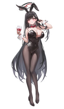 1girl animal_ears bare_shoulders black_nails black_pantyhose black_shoes blue_archive blush bow bowtie breasts cano852 cleavage commentary_request cup detached_collar drinking_glass full_body hair_ornament hairclip highres holding holding_cup large_breasts long_hair pantyhose parted_lips playboy_bunny rabbit_ears red_bow red_bowtie red_eyes ringed_eyes rio_(blue_archive) shoes solo very_long_hair wine_glass wrist_cuffs