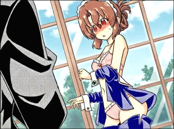 1boy 1girl ayasaki_hayate bare_shoulders blush bra breasts brown_hair cleavage colorized folded_ponytail formal_clothes hata_kenjirou hayate_no_gotoku! indoors jacket long_hair maid maid_headdress maria_(hayate_no_gotoku!) medium_breasts navel panties red_eyes skirt sky solo_focus stomach suit third-party_edit underwear undressing unworn_skirt window