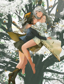 2girls absurdres barefoot bird black_hair black_socks blue_jacket brown_eyes coat commentary_request dress fly_(marguerite) flying grey_skirt highres hug jacket kneehighs long_hair multiple_girls no_shoes open_mouth original pleated_skirt school_uniform second-party_source skirt socks tree white_coat white_dress white_hair yuri