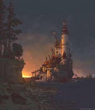 artist_name aurumek boat building chimney dock dusk european_architecture grey_sky highres island lighthouse no_humans ocean orange_sky original outdoors overcast rock rowboat sand scenery shore signature sky smoke stone_building tree water watercraft