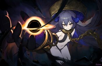 1girl armpits bare_shoulders black_hair black_hole bracelet breasts chain collar floating_hair gloves gold grey_hair hair_ornament horns jewelry khaos_(ketron) long_hair navel romana small_breasts smile space space_print starry_sky_print