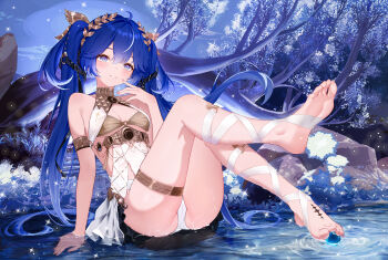 1girl ahoge ancient_greek_clothes armlet ass bare_shoulders barefoot black_skirt blue_eyes blue_hair blush breasts cameltoe cleavage commentary feet full_body gold_bra greco-roman_clothes hair_belt hand_up highres iuno_(wuthering_waves) jewelry laurel_crown leg_wrap long_hair looking_at_viewer luma_li medium_breasts multicolored_hair orb outdoors parted_lips showgirl_skirt sitting skirt smile solo streaked_hair tacet_mark_(wuthering_waves) thighlet thighs toes twintails very_long_hair wet wuthering_waves