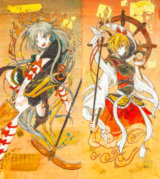 2girls :d arm_bow bishamonten's_pagoda black_shirt blonde_hair bow closed_mouth commentary_request dress earrings fine_art_parody grey_eyes grey_hair hagoromo highres himemushi_momoyo hisona_(suaritesumi) holding holding_pickaxe holding_shovel jewelry long_hair long_sleeves looking_at_viewer multiple_girls nihonga open_mouth orange_bow orange_dress parody pickaxe profile reitaisai ring shawl ship's_wheel shirt short_hair short_sleeves shovel sleeveless sleeveless_dress smile toramaru_shou touhou traditional_media white_shawl white_shirt yellow_eyes