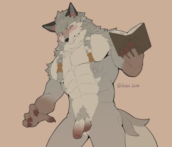 1boy abs afk_(series) afk_journey animal_ears artist_name blush book braid chinese_commentary claws closed_mouth commentary_request completely_nude faramor_(afk) flaccid furry furry_male holding holding_book looking_down male_focus muscular muscular_male nude open_book pectorals penis relax_lion tail testicles wolf_boy wolf_ears wolf_tail