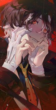 1boy absurdres black_shirt blush brown_hair brown_jacket collared_shirt crazy crazy_smile film_strip fingernails gloves grey_hair hair_between_eyes hands_on_own_face hands_up highres honkai:_star_rail honkai_(series) jacket long_sleeves looking_afar male_focus mr._reca_(honkai:_star_rail) multicolored_hair necktie open_clothes open_jacket partially_fingerless_gloves red_background red_eyes shirt short_hair simple_background smile solo symbol-shaped_pupils teeth triangle-shaped_pupils two-tone_hair upper_body ven0305 vest white_gloves white_vest yellow_necktie